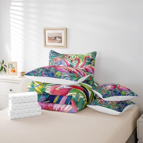 Erosebridal Flamingo Twin Comforter Set with Sheets 7 Piece Tropical Leaves Bed in A Bag Palm Tree Comforter Sets,Bird Romantic Bed Set