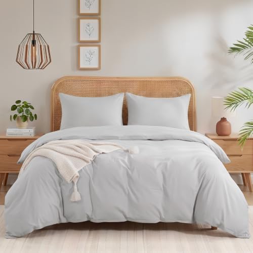 NEXHOME PRO Duvet Cover King Size,100% Washed Cotton Linen Feel Textured Organic Natural Duvet Cover 2 Pieces Bedding Set with Zipper Closure, Breathable Light Grey (No Comforter)