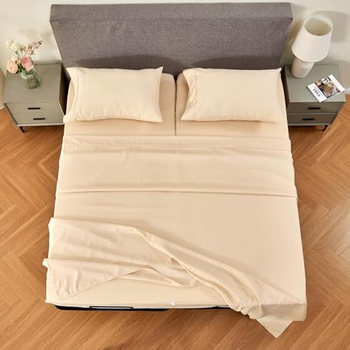 Kingnex 32-34 Split Top King Sheets Sets for Adjustable Bed Soft Double Brushed Microfiber 4 Pieces Include 1 Partial Flex Head King Fitted Sheet 1 Flat Sheet 2 King Size Pillowcase Beige