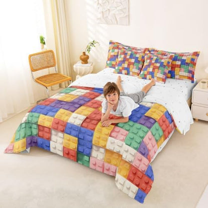 Feelyou Building Block Print 7 Piece Bedding Set King Size Kids Brick Styles Comforter Set with Sheets for Boys Teens Colorful Gaming Bed in a Bag Green Red Yellow Blue Room Decor
