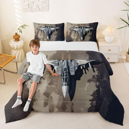Erosebridal Military Fighter Plane Comforter Set King Camouflage Aircraft Bedding Set Warplane Aviation Comforter for Kids Boys Girls Airplane Aviation Enthusiast Quilt Duvet