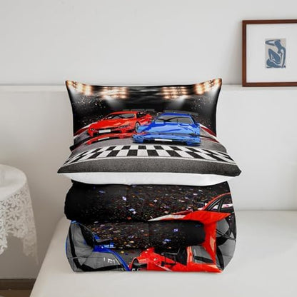 Feelyou Sports Car Comforter Full Size Decor Red Blue Race Car Comforter Set for Kids Boys Racing Car Bedding Set Extreme Sports Competitive Quilt Set Room Decorations