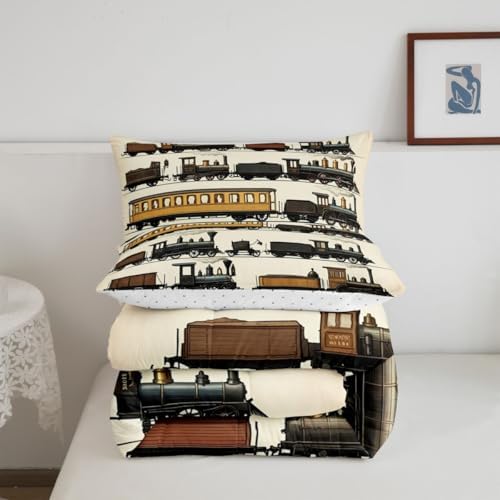 Erosebridal Vintage Steam Train Kids Comforter Sets Travel Locomotive Train Queen Bedding Set for Boys Girls Transport Vehicle Comforter Set Steampunk Railway Quilt Duvet 3 Pcs Beige