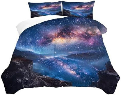 Galaxy Bedding Set Full/Queen Size Space Comforter for Kids Boys Teen Girls Mountain Planet Stars Moon Bedroom Decor Quilt Bed Sets, 1 Comforter 2 Pillowcases