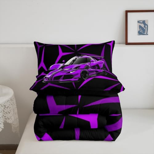 Castle Fairy Purple Race Car Comforter Set Twin Size,Abstract Art Racing Car Breathable Bedding Set,Kids Adults Room Decor,Extreme Sports Microfiber Duvet Insert,1 Pillowcase
