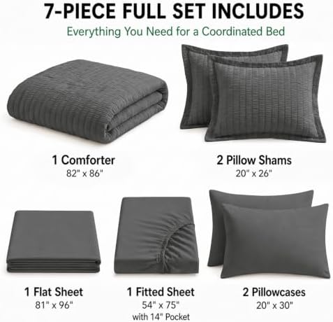 HIMEET Full Comforter Sets, 7-Piece Seersucker Bed in a Bag, Dark Grey