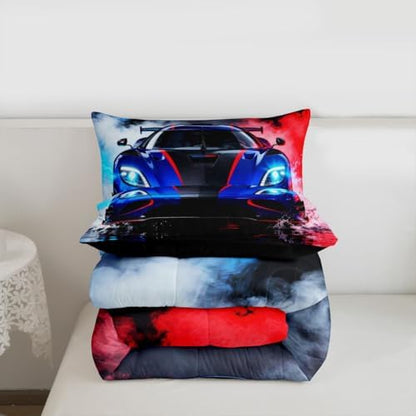 Feelyou Boys Sports Car Bedding Set Soft for Boys Girls, Racing Car Comforter Set Queen Size Extreme Sports Duvet Quilt Microfiber Automobile Bedroom Decor 3 Pcs with 2 Pillow Cases