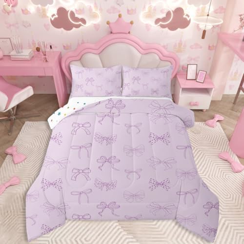 jejeloiu Bow Bedding Set Soft for Boys Girls, Bowknot Comforter Set King Size Bow Tie Duvet Quilt Microfiber Dreamy Princess Style Bedroom Decor 3 Pcs with 2 Pillow Cases