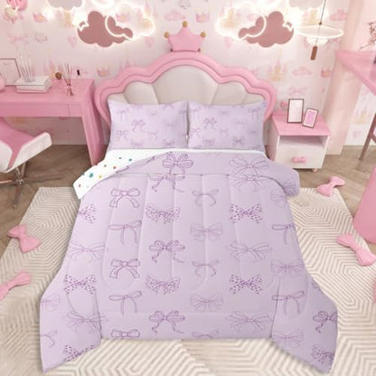 jejeloiu Bow Bedding Set Soft for Boys Girls, Bowknot Comforter Set King Size Bow Tie Duvet Quilt Microfiber Dreamy Princess Style Bedroom Decor 3 Pcs with 2 Pillow Cases