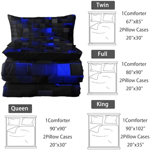 Nttopship Neon Blue Black Comforter Set Full Geometric Kids Bedding Set,3 PCS Geometry Honeycomb Bed Set Modern Quilt Set 1 Comforter 2 Pillow Cases Cool Room Decor All Season B-Side Black
