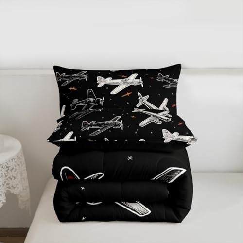 Erosebridal Boys Cartoon Airplane Twin Comforter Set, Black and White Bedding Set, Modern Aircraft Comforter, Aviation Theme Duvet Insert with 1 Pillowcase for Kids Men Bedroom Decor, 2 Pcs