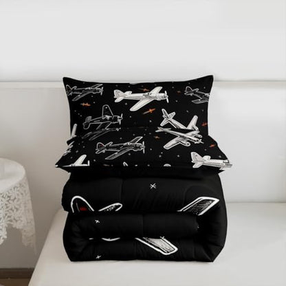 Erosebridal Boys Cartoon Airplane Twin Comforter Set, Black and White Bedding Set, Modern Aircraft Comforter, Aviation Theme Duvet Insert with 1 Pillowcase for Kids Men Bedroom Decor, 2 Pcs