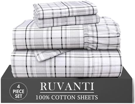 RUVANTI 100% Cotton Twin XL Sheets, Percale Weave Twin XL Set, Open Check