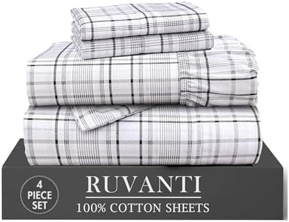RUVANTI 100% Cotton Twin Sheets, Percale Weave Twin Sheet Set, Open Check
