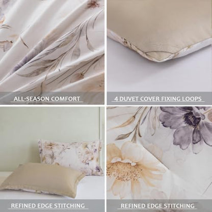 Queen Comforter Set 3 Pieces, 100% Cotton Watercolor Beige Floral Bedding Set for All‑Season, Soft Reversible Comforter with 2 Pillow Shams