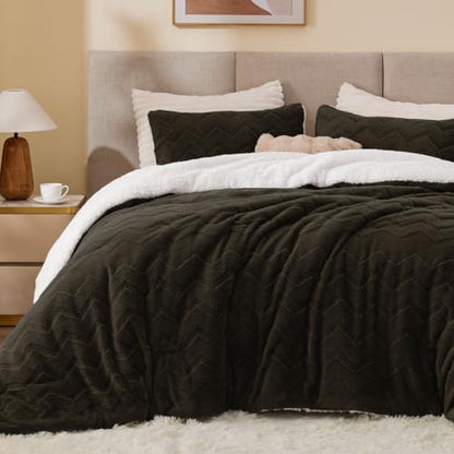 BEDELITE Fluffy Sherpa Queen Comforter Set,Hot Chotolate