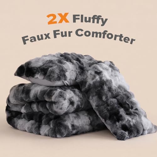 YIKUSH Twin Faux Fur Soft Comforter Set, Fluffy Bedding Set, Tiedye Grey