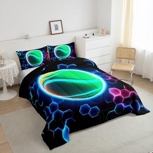 Erosebridal Tennis Kids Bedding | 3D Glitter Ball Pattern Full Comforter Sets,Colorful Neon Honeycomb Comforter Geometric Hexagon Duvet Insert with 2 Pillow Cases
