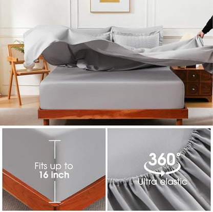 FreshCulture Twin Size Comforter Set Seersucker 5 Pieces, All Season Bedding Set Twin, Soft Bed in a Bag Comforter Set with Comforter, Flat Sheet, Fitted Sheet, Pillowcase and Pillow Sham, Light Grey