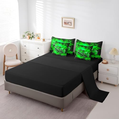 Feelyou Speed Sports Car Comforter Set with Sheets Queen Size Kids Smoky Race Car 7 Pieces Bedding Set for Boys Girls Teens Racing Car Bed in a Bag Breathable Extreme Sports Bed Set Black Green