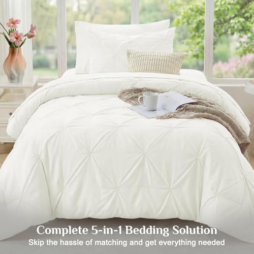 JOLLYVOGUE Twin Comforter Set 5 Pieces - Bed in a Bag Twin for All Season, Pintuck Bedding Comforter Sets with Comforter, Flat Sheet, Fitted Sheet and Pillowcases & Shams, Ivory