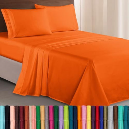 Elegant Comfort Luxurious 1500 Premium Hotel Quality Microfiber Three Line Embroidered Softest 4-Piece Bed Sheet Set, Wrinkle and Fade Resistant, California King, Orange