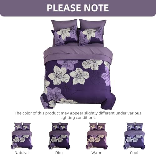 Dark purple Comforter Set Queen Size, 7 Pieces Floral Bed in a Bag