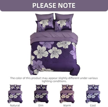 Dark purple Comforter Set Queen Size, 7 Pieces Floral Bed in a Bag