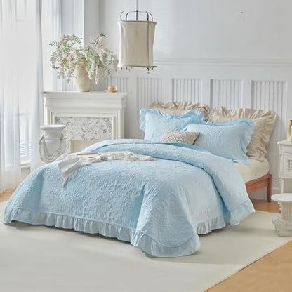 Ruffles Quilt Set Twin Size 68 * 86in - 2 Pieces Solid Shabby Chic Farmhouse Ruffled Bedding Rustic Coverlet Lightweight Fluffy Summer Oversized Bedspread with Shams for Women Men Light Blue