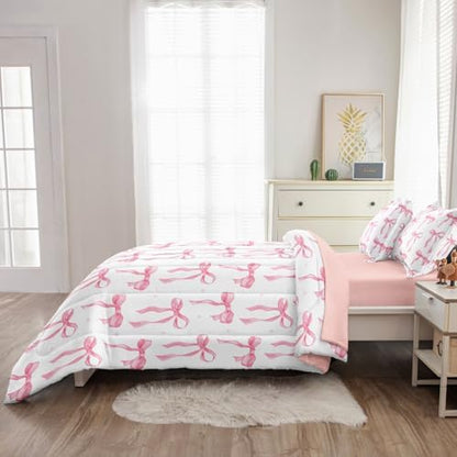 Pink Twin Comforter Set for Girls Princess Bow Knot Bed Set Girly Bedding Cute Ribbon Bow Decor for Teen Girls Room