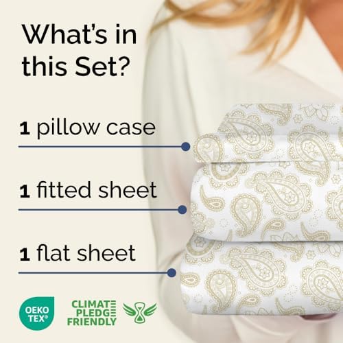 Twin 3 Piece Floral Sheet Set - Soft, Breathable & Cooling - Taupe Paisley