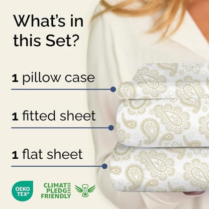 Twin 3 Piece Floral Sheet Set - Soft, Breathable & Cooling - Taupe Paisley