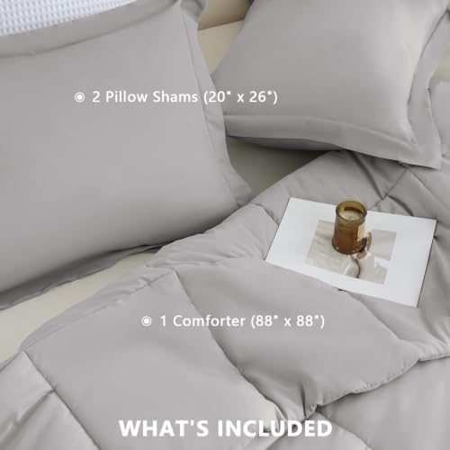 CozyLux Queen Size Comforter Set, 3-Piece Box-Stitched, French Grey