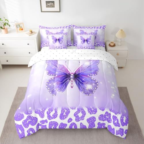 Feelyou Cute Butterfly Queen Comforter Set with Sheets for Kids Boys Girls