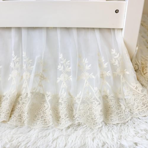 Brandream Lace Bed Skirt Boho Bohemian Girl Baby Nursery Crib Bed Skirt Dust Ruffle - Solid Color Romantic Cream Off White Farmhouse Chic 100% Cotton Ruffle Excellent Quality