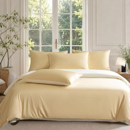 Full Size Duvet Cover, 100% Egyptian Cotton,1600 Thread Count, Reversible Duvet Cover, Soft and Breathable Satin Bedding Set, All Seasons (Heathered Butter Yellow, 80"x90")