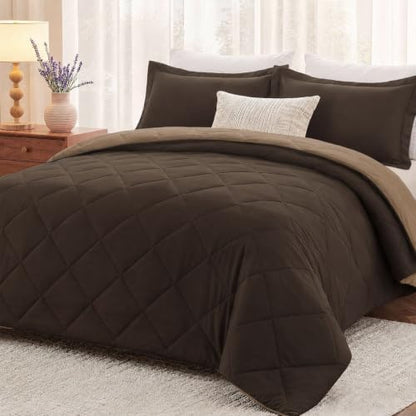 downluxe Full Comforter Set Soft Reversible 7 Pieces, Brown/Tan