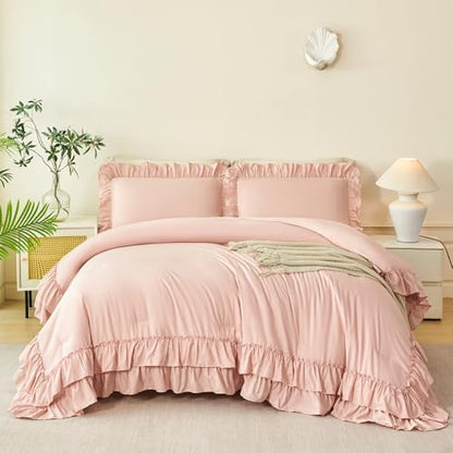 ANGIYUIN 5 Pieces Blush Pink King Size Bed in A Bag Ruffle Comforter Sets