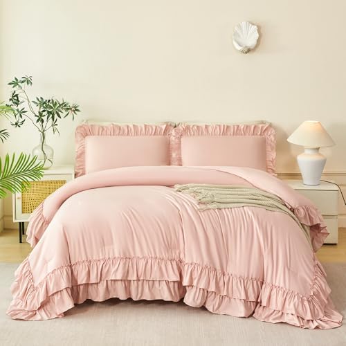 ANGIYUIN Twin Comforter Sets Blush Pink 5 Pieces Ruffled Girls Bed in A Bag
