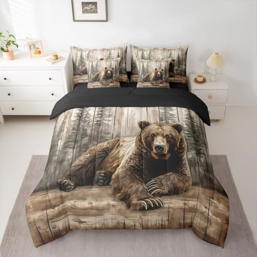 Erosebridal Brown Bear King Comforter Set with Sheets 7 Piece Rustic Farmhouse Cabin Bed in A Bag Country Hunting Wildlife Bedding Sets for Teens Teenager Forest Wild Animal Bed Set