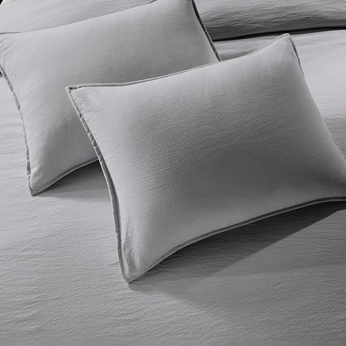 WDCOZY Grey King Size Jacquard Duvet Cover Set with Zipper Closure, Modern Washed Soft Striped Bedding, Textured Seersucker Like Cotton Linen, 1 Duvet Cover and 2 Pillow Shams, No Comforter