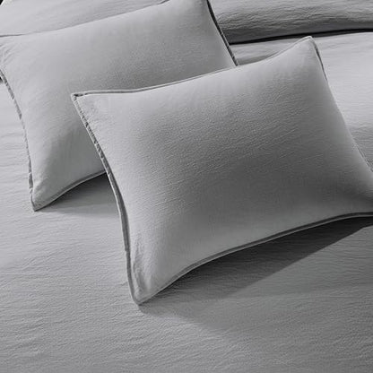 WDCOZY Grey King Size Jacquard Duvet Cover Set with Zipper Closure, Modern Washed Soft Striped Bedding, Textured Seersucker Like Cotton Linen, 1 Duvet Cover and 2 Pillow Shams, No Comforter