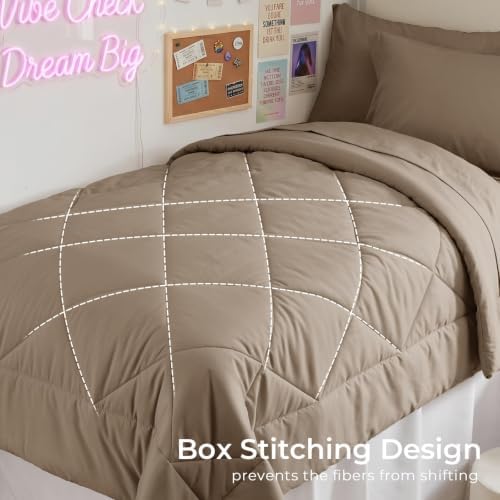 HEVUMYI 5-Piece Twin Comforter Set, Khaki Bed in a Bag