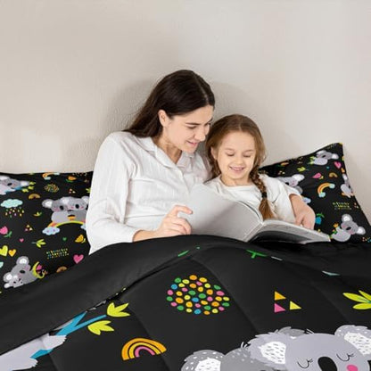 Erosebridal Koala Comforter Set, Kids Rainbow Bedding Set Queen Size Flower Love Heart Duvet Sets for Girls Boys Children Cute Animal Cartoon Down Comforter 3 Pieces with 2 Pillow Cases, Black