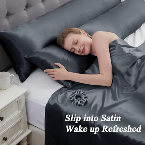 Vielit Satin Body Pillow Cover 1pc,Silky Body Pillow Pillowcase Similar to Silk Pillow Cases Soft Long Pillowcase 20x54 & Envelope Closure, for Women Men Dark Grey & 1 Satin Scunchie