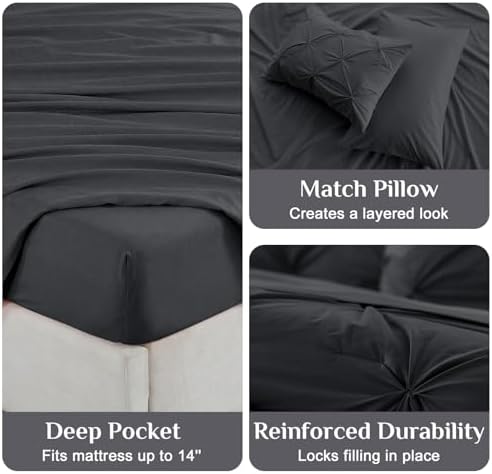 JOLLYVOGUE Twin Comforter Set 5 Pieces - Bed in a Bag Twin for All Season, Pintuck Bedding Comforter Sets with Comforter, Flat Sheet, Fitted Sheet and Pillowcases & Shams, Dark Grey