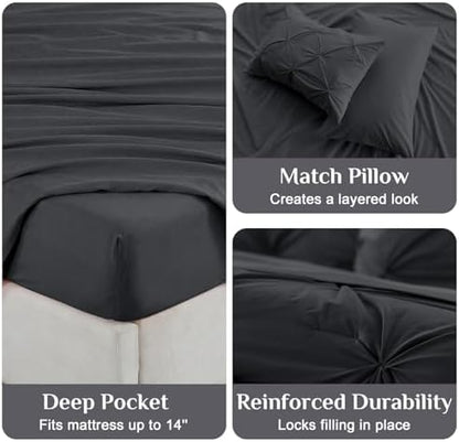 JOLLYVOGUE Twin Comforter Set 5 Pieces - Bed in a Bag Twin for All Season, Pintuck Bedding Comforter Sets with Comforter, Flat Sheet, Fitted Sheet and Pillowcases & Shams, Dark Grey