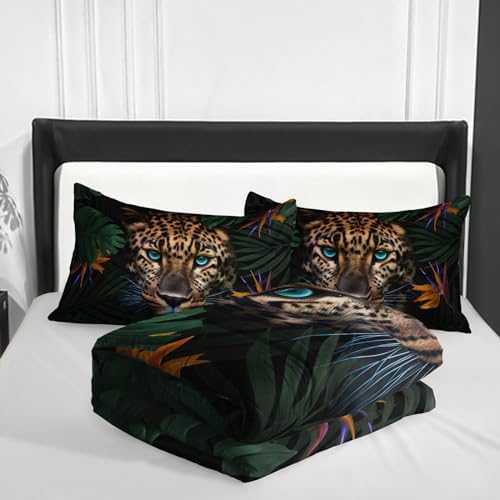 Nttopship Leopard Comforter Set King Size,100% Soft Ultra-fine Fiber Four Season Jungle Wild Animal Comforter Set,with 1 Comforter and 2 Pillow Case