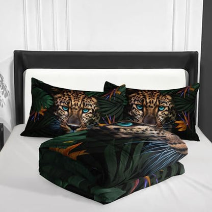 Nttopship Leopard Comforter Set King Size,100% Soft Ultra-fine Fiber Four Season Jungle Wild Animal Comforter Set,with 1 Comforter and 2 Pillow Case