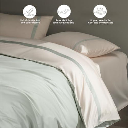 Queen Size Duvet Cover, 100% Egyptian Cotton,1600 Thread Count, Reversible Duvet Cover, Soft and Breathable Satin Bedding Set, All Seasons (Heather Sage Green, 90"x90")